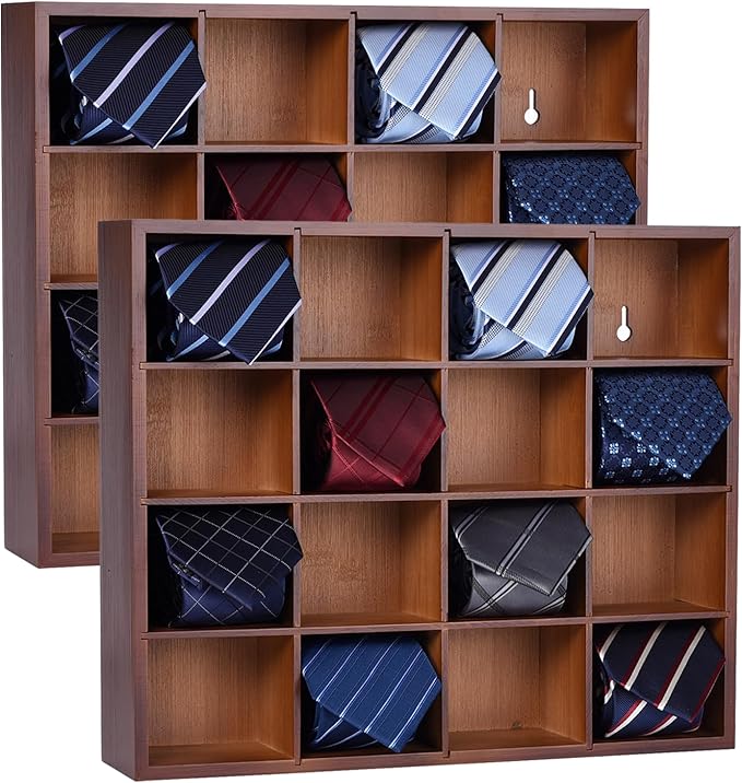 Tie Organizer Wall Mounted Tie Rack,Tie Box for Men,Tie Box Organizer with 16 Compartments，Tie Display Racks for Bedroom, Changing Room, Men Wardrobe(Brown,2 PCS)