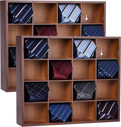 Tie Organizer Wall Mounted Tie Rack,Tie Box for Men,Tie Box Organizer with 16 Compartments，Tie Display Racks for Bedroom, Changing Room, Men Wardrobe(Brown,2 PCS)