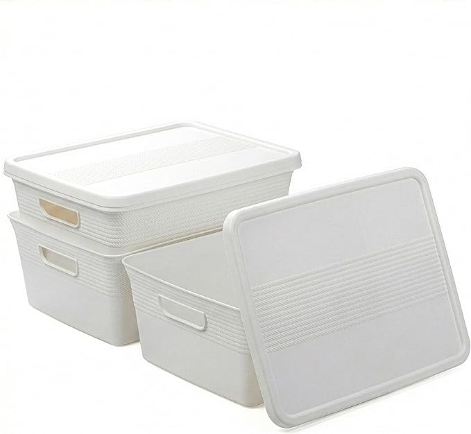 BINO | Plastic Storage Bins with Lids, 13 Liter - 3 Pack, White | THE BRAIDED COLLECTION | Plastic Bins for Organization Woven Storage Baskets for Organizing Pantry Shelf Organizer Basket Bin