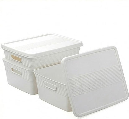 BINO | Plastic Storage Bins with Lids, 13 Liter - 3 Pack, White | THE BRAIDED COLLECTION | Plastic Bins for Organization Woven Storage Baskets for Organizing Pantry Shelf Organizer Basket Bin