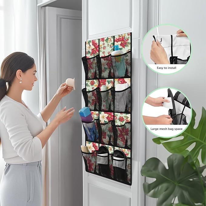 Christmas Flower Door Hanging Shoe Organizer for Merry Christmas Home Decor Over The Door Shoe Organizer for Dorm Room Essentials,Large Capacity Multi-Funtion Storage Bag