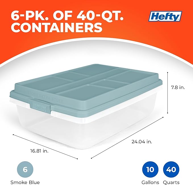 Hefty HI-RISE 40 Qt Stackable Storage Bins with Lids – 6 Pack Clear Plastic Under Bed Storage Containers, Shoe Organizer Boxes with XL Lid-Locking Latches, Comfort-Grip Handles, Durable Double Rim