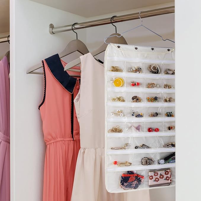 ass Organizer Storage, Dual-sided Hanging Sunglasses Holder Wall with 16 Pockets Jewelry Organizer and 16 Hooks Necklace Holder Organizer - Beige