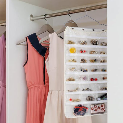 ass Organizer Storage, Dual-sided Hanging Sunglasses Holder Wall with 16 Pockets Jewelry Organizer and 16 Hooks Necklace Holder Organizer - Beige