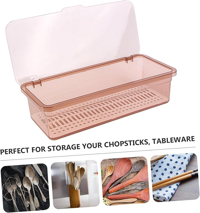 Plastic chopsticks drain storage box with lid - kitchen utensil organizer for countertop - covered holder for silverware, forks, and cutlery - 11.02 x 5.12 x 2.76 inches (brown)