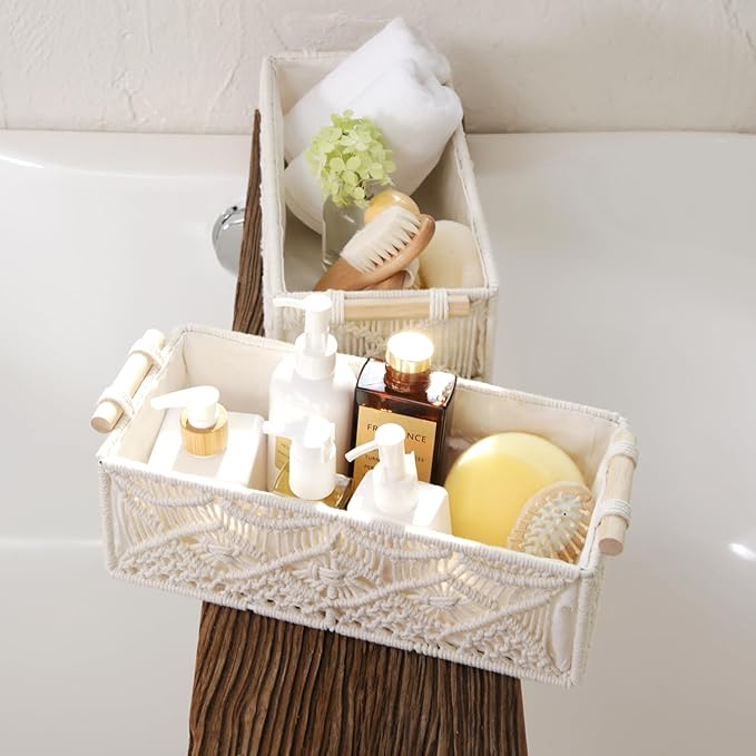 Nonam Macrame Storage Baskets, Boho Decor Style Woven Storage Boxes for Home Organization, Toilet Tank Shelf Cabinet Organizer Baskets,Set of 2-Weave White
