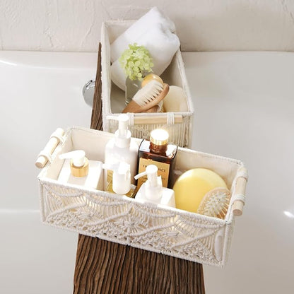 Nonam Macrame Storage Baskets, Boho Decor Style Woven Storage Boxes for Home Organization, Toilet Tank Shelf Cabinet Organizer Baskets,Set of 2-Weave White