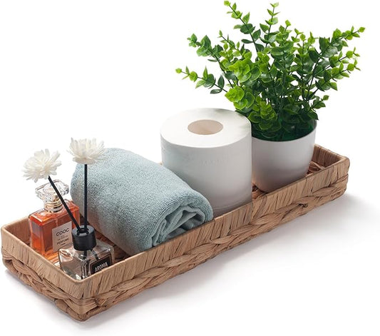 Woven Bathroom Vanity Tray for Storage Water Hyacinth Back of Toilet Basket Long Narrow Guest Towel Holder (Natural 16.3 x 6.1 x 2 inch)