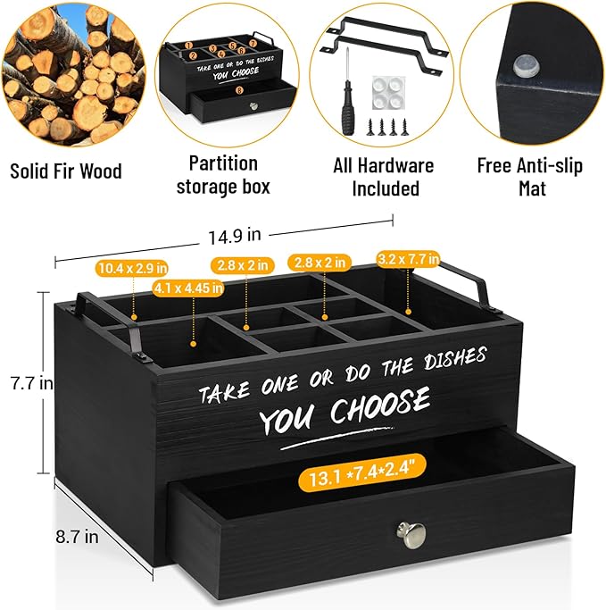 Paper Plate Dispenser with Drawer for Kitchen Countertop, Wooden Paper Plate Holder with Large Cup Holder, Rustic Wood Silverware Caddy Holder, Paper Plate Organizer Kitchen Accessories(Black-Drawer)