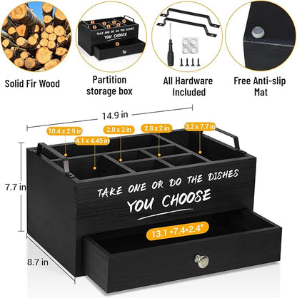 Paper Plate Dispenser with Drawer for Kitchen Countertop, Wooden Paper Plate Holder with Large Cup Holder, Rustic Wood Silverware Caddy Holder, Paper Plate Organizer Kitchen Accessories(Black-Drawer)