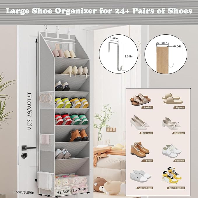 Coraltree Shoe Organizer, over the Door Shoe Organizer for Closet, Hanging Closet Shoe Storage with Large Deep Pockets, Holds Sneakers, Sandals, Boots, Fits 16-24 Pairs - Grey