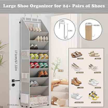 Coraltree Shoe Organizer, over the Door Shoe Organizer for Closet, Hanging Closet Shoe Storage with Large Deep Pockets, Holds Sneakers, Sandals, Boots, Fits 16-24 Pairs - Grey
