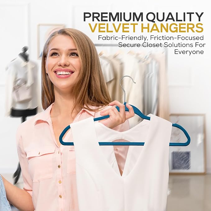 Techzoo Premium Velvet Hangers 50 Pack Ultra Thin Non Slip Adult Felt Space Saving Slim Suit Hanger for Closet Heavy Duty Coat Pants Jackets Dress Hangers 360° Swivel Hook Hold Upto 10 lbs Blue