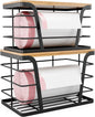 TIDIIABODE 2 Pack Stackable Storage Laundry Kitchen Organizers, Wall Mount Trash Bag Holder with Bamboo Top and Garbage Bag Dispenser No Drill
