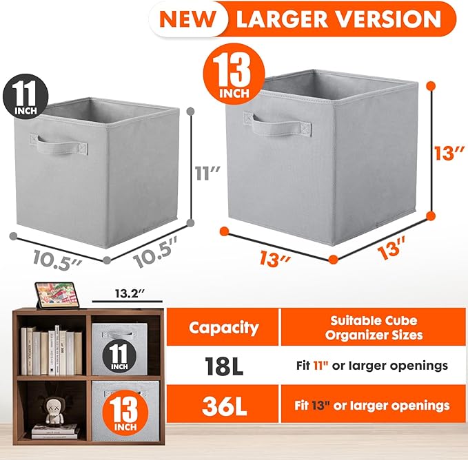 ShellKingdom Storage Bins, Foldable Fabric Storage Cubes And Cloth Organizer Drawer For Closet And Toys, 13 X 13 X 13 INCH, 6 Pack (Gray)