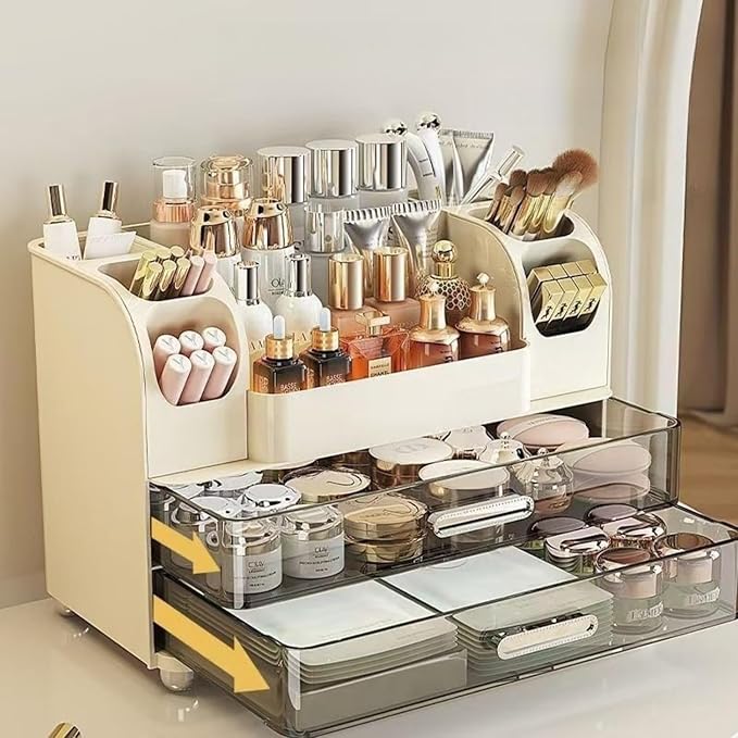 Makeup Organizer with Drawers for Vanity,Bathroom Countertop Organizer with Brushes Holder,Skincare Storage Organizer for Lipsticks,Nail Polishes, Perfumes,Eyeshadow Palettes (Cream)