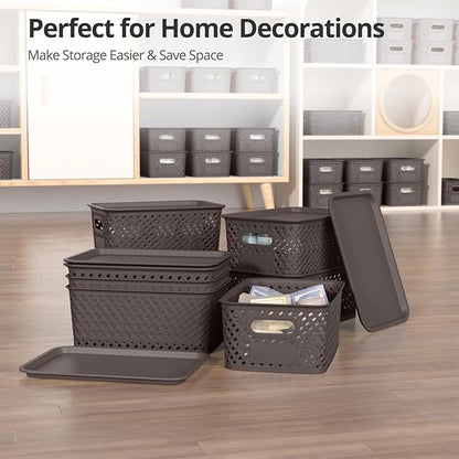 Plastic Storage Bins with Lid, Stackable Small Box Basket for Organizing and Containers for Shelves Drawers Desktop Closet Playroom Pantry Classroom Office Home, 8-pack 10.2x7.2x4.1 Inch, Brown