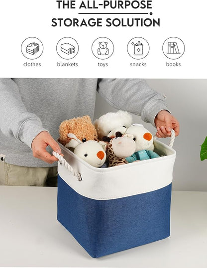 Temary Cube Storage Baskets 11x11, Set of 6 Decorative Fabric Bins with Metal Frame Around the Top Rim, Sturdy Collapsible Organizers for Closet, Office (White & Dark Blue)
