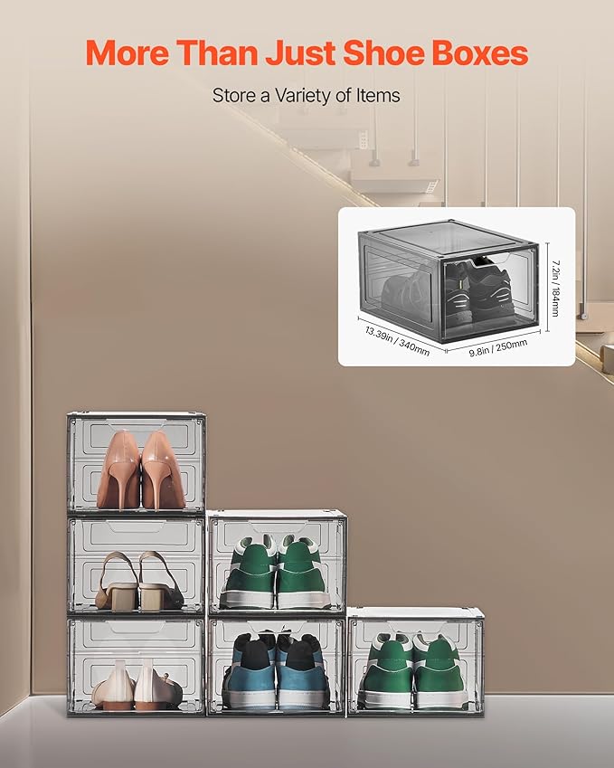 VEVOR Shoe Storage Boxes, 6 Pack Clear Stackable Shoe Boxes Storage Organizers with Magnetic Door, Fit up to US Size 13, Plastic Sneaker Containers for High Heels, Boots, and Hats, Transparent Black