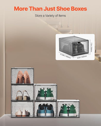 VEVOR Shoe Storage Boxes, 6 Pack Clear Stackable Shoe Boxes Storage Organizers with Magnetic Door, Fit up to US Size 13, Plastic Sneaker Containers for High Heels, Boots, and Hats, Transparent Black
