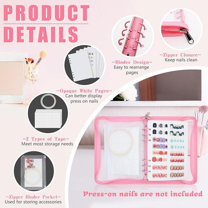 KEIFIN Press On Nail Storage Organizer Binder with 8 Insert Pages - A5 Size Reusable Fake Nail Swatch Collecting Book Polish Color Display Holder Container with Tape and Zipper Pocket (PINK)