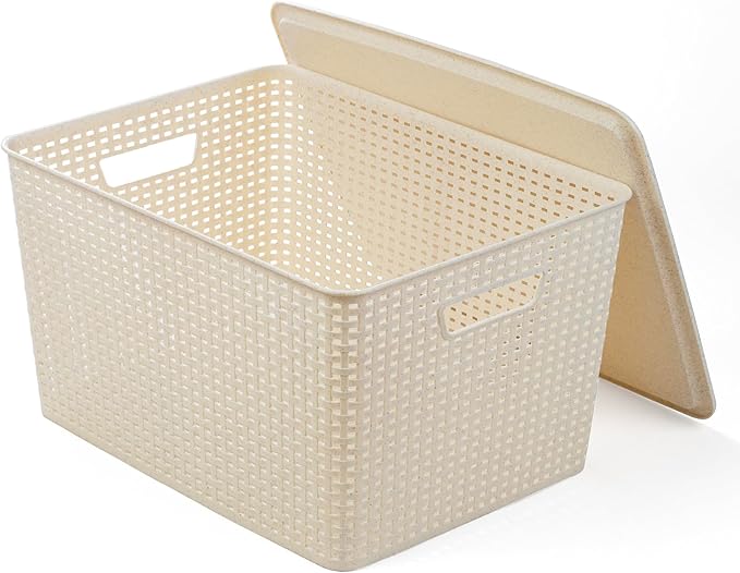 BINO | Plastic Storage Baskets with Lids, 33 Liter - 3 Pack, Natural | THE WOVEN COLLECTION | Storage Basket for Shelves | Woven Storage Baskets for Organizing Bins | Pantry Shelf Organizer Bin