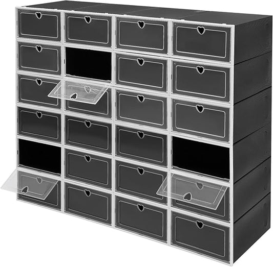 24 Pack Stackable Shoe Boxes with Clear Flip Lids - Foldable Shoe Storage Organizer for Closet Cabinet, Avocado Green/Black Options for Sneakers Flats Home Organization (Black)