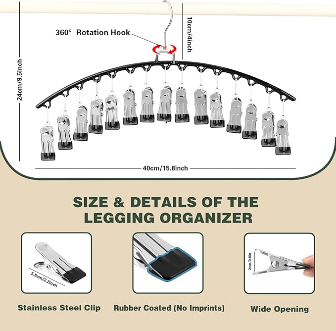 2 PCS Leggings Organizer for Closet Hanging, 360° Swivel Hook Trouser Hangers with 30 Clips Holds 30pcs Shorts/Skirts/Hats, Space Saving Pants Hangers, Closet Organizers and Storage