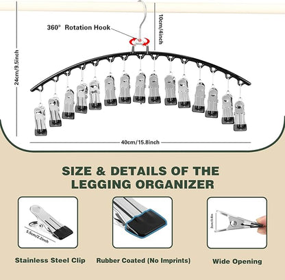 2 PCS Leggings Organizer for Closet Hanging, 360° Swivel Hook Trouser Hangers with 30 Clips Holds 30pcs Shorts/Skirts/Hats, Space Saving Pants Hangers, Closet Organizers and Storage