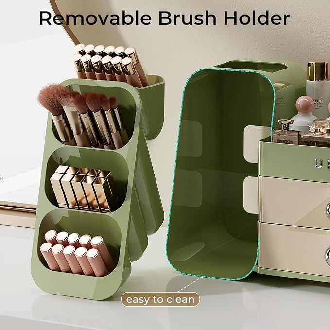 Makeup Organizer for Vanity with Brush Holder, Large Capacity Bathroom Countertop Skincare Organizer with 2 Drawers, Cosmetic Display Case for Perfumes, Eyeshadow Palettes, Nail Polishes