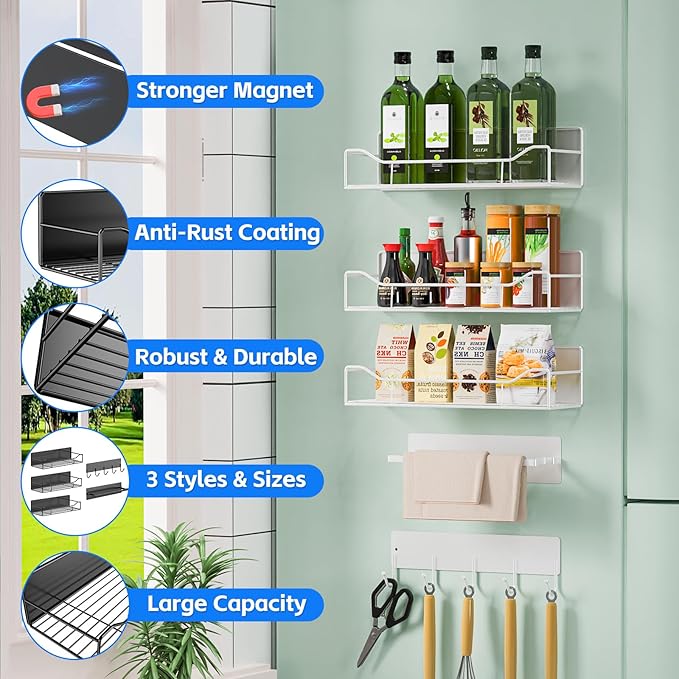 Magnetic Spice Rack for Refrigerator, 5 Pack Magnetic Fridge Organizer Shelves, Strong Magnetic Hold, No Drilling, Space Saving Storage Rack for Kitchen & Washing Machine Organizer (White)