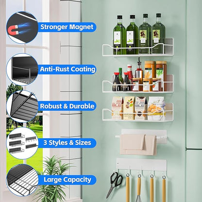 Magnetic Spice Rack for Refrigerator, 5 Pack Magnetic Fridge Organizer Shelves, Strong Magnetic Hold, No Drilling, Space Saving Storage Rack for Kitchen & Washing Machine Organizer (White)