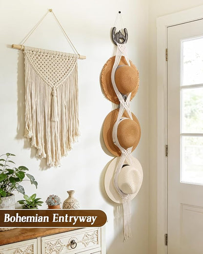 Macrame Wall Hat Rack Boho Hat Organizer Wall Mount with Cast Iron Horsehead Hanger Western Hat Holder for Women Wide Brimmed Fedora Straw Cowboy Hats Storage Back of Door Decorative Display