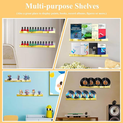 6 Pack Wall Mounted Acrylic Nail Polish Organizer Rack 15 Inch Gold Mirror Nail Polish Shelf with Removable Ends Multi-Purpose Shelf for Essential Oils Cosmetics Storage Display for Salon Bathroom