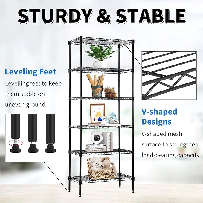 6-Tier Wire Shelving Unit Detachable Storage Shelves with 8 Adjustable Feet 59" H x 23" x 13" Kitchen Storage Rack Adjustable Metal Shelf for Pantry Closet, 900LB Capacity, Black