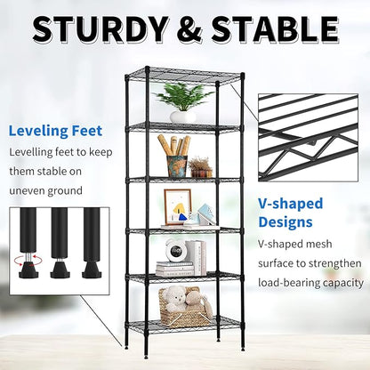 6-Tier Wire Shelving Unit Detachable Storage Shelves with 8 Adjustable Feet 59" H x 23" x 13" Kitchen Storage Rack Adjustable Metal Shelf for Pantry Closet, 900LB Capacity, Black