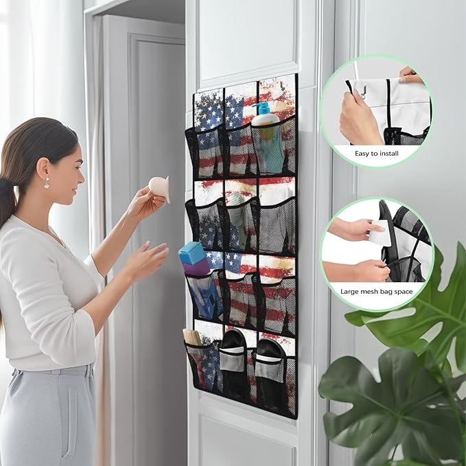 American Flag Over The Door Shoe Organizers with 12 Mesh Pockets Baby Organizer Storage Hanging Shoe Organizer Shoe Holder Rack for Toddler Girl Room Baby Room Craft Room Bedroom