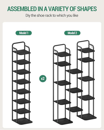 Hzuaneri 8 Tiers Vertical Shoe Rack, Narrow Shoe Tower, Tall Shoes Shelf with 2 Hooks, Adjustable Shelves, Corner Shoes Shelves for Small Spaces, Entryway, Living Room, Black SR04304B