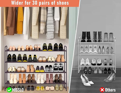 MISSLO 4 Tier Long Shoe Organizer for Closet Shoe Rack for Bedroom Closet Floor Shoe Shelf for Entryway Storage Stackable Wide Shoe Shelf Stores 30 Pairs of Men Sneakers, Brown