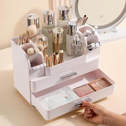 Anyoifax Makeup Organizer Countertop with Large Drawers, Vanity Organizer with Brush Holder, Skin Care Storage for Dresser, Perfume Organizer for Lotion, Lipsitck, Palette, All White
