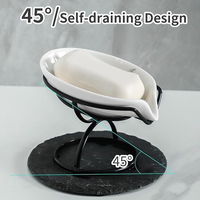Dobbyby Leaf-Shaped Soap Dish – Ceramic Soap Bar Holder with Self-Drainage System – Bar Soap Holder for Shower, Bathroom Sink, Kitchen – Soap Dish with Stainless Steel Stand (White-Black-2 Pack)