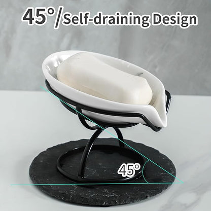 Dobbyby Leaf-Shaped Soap Dish – Ceramic Soap Bar Holder with Self-Drainage System – Bar Soap Holder for Shower, Bathroom Sink, Kitchen – Soap Dish with Stainless Steel Stand (White-Black-2 Pack)