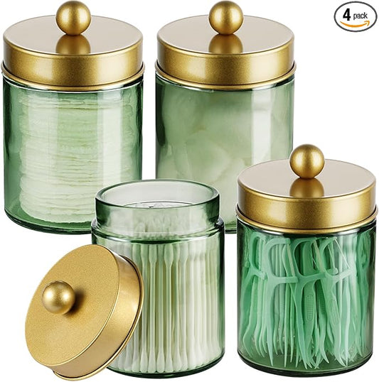 Amolliar Sage Green Apothecary Glass Jar With Metal Lid & Stickers, Bathroom Qtip Holder Storage Canister, Farmhouse Decor for Cotton Balls, Cotton Swabs, Round Pads, Bath Salt, Floss,Gold 4 Pack