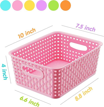 6-Pack Colorful Small Plastic Storage Weave Baskets, Versatile Shelf Organizer Woven Baskets for Classrooms, Children's Rooms & Pantries, 10x7.5x4 inch