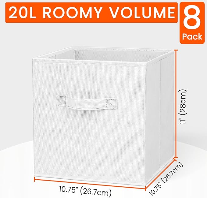 Criusia Storage Cubes - 11 Inch Heavy Duty Fabric Storage Bins for Shelves Closet Cube Organizer - 8 Pack Collapsible Cube Storage Bins Baskets for Clothes Blankets Toys - Nursery Organization (White)