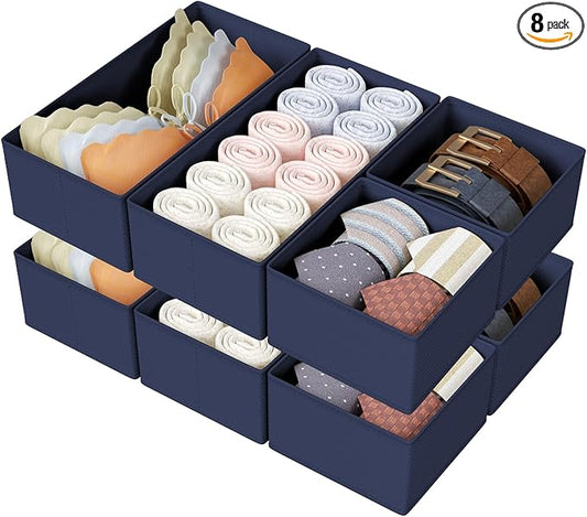 DIMJ Drawer Organizers Clothes, Set of 8 Dresser Organizer Bins, Fabric Closet Organizers and Storage, Shallow Drawer Dividers for Nursery, Clothing, Baby Clothes, Socks, Underwears, Tie (Navy Blue)