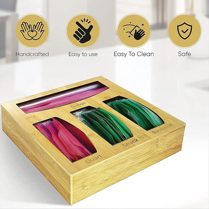 Bamboo Food Bag Storage Organizer for Kitchen Drawer, Baggie Holder for Solimo, Glad, Hefty Gallon, Quart, Sandwich and Snack Variety Size Bags (1 Box 4 Slots)