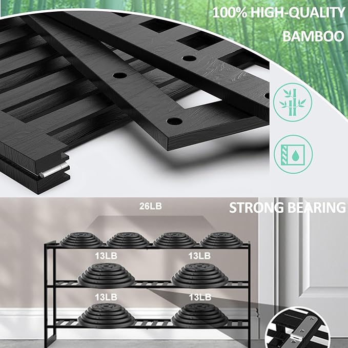 Jripae Bamboo Shoe Rack for Entryway, 27.5inch Stackable 3 Tier Shoe Organizer Shelf Storage 9-12 Pairs Shoes Stand Cubby for Closet Door Hallway Bedroom Garage Black, Thanksgiving