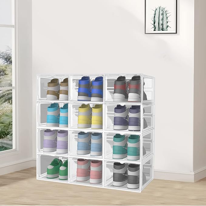 Shoe Box, 6 Pack Shoe Boxes Clear Plastic Stackable, Shoe Storage Boxes with Lids, Drop Front Shoe Boxes for Sneaker Storage Display, Fit Up to US Size 12 (13.6”x 10.4”x 7.5”) (Transparent)