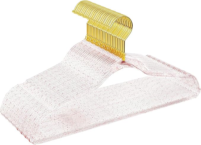 50 Pack Clear Plastic Hangers with Pink Glitter, Acrylic, Ultra Slim, Space Saving, for Coats, Pants, Suits, Shirts, Skirts, Dress Clothes